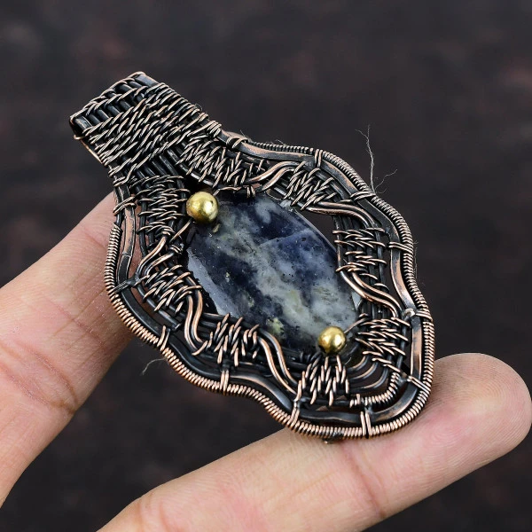 Iolite Oval Blue Handmade Copper Wire Wrapped Pendant