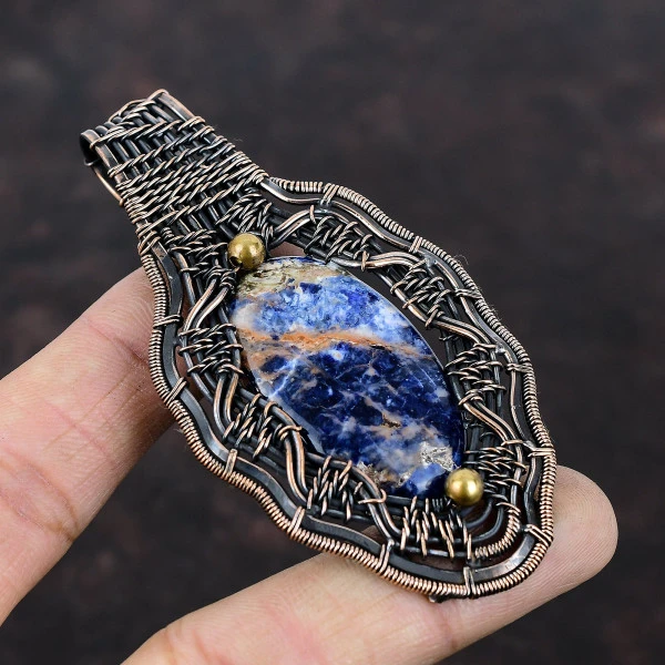 Sodalite  Oval Blue Handmade Copper Wire Wrapped Pendant