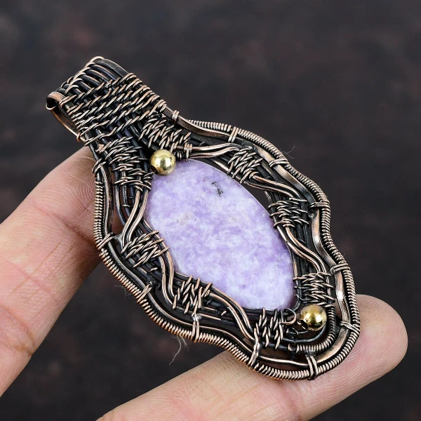 Lepidolite Oval Purple Copper Wire Wrapped Pendant – Handmade Healing Gemstone Jewelry