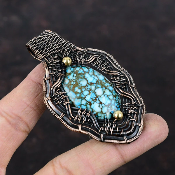 Tibetan Turquoise Oval Blue Handmade Copper Wire Wrapped Pendant