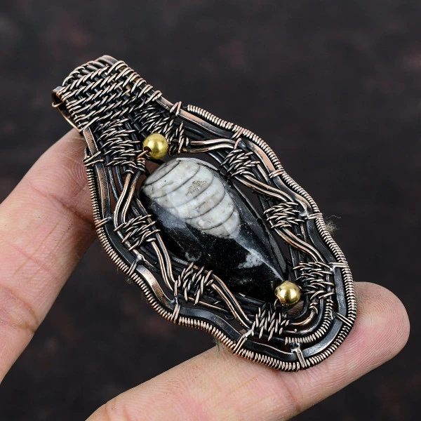 Orthoceras Fossil Oval Black Handmade Copper Wire Wrapped Pendant