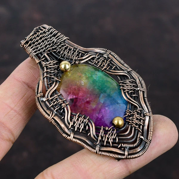 Rainbow Solar Quartz Druzy Oval Green Handmade Copper Wire Wrapped Pendant