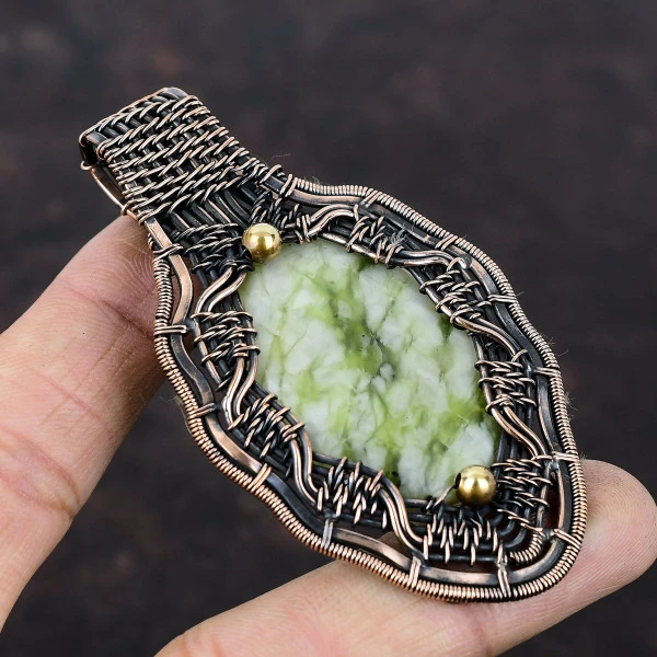Green Aragonite Oval Green Handmade Copper Wire Wrapped Pendant