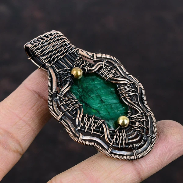Zambian Emerald Oval Green Handmade Copper Wire Wrapped Pendant