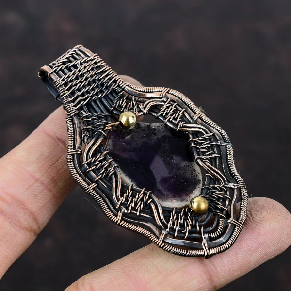 Super 23 Amethyst Pentagon Purple Handmade Copper Wire Wrapped Pendant