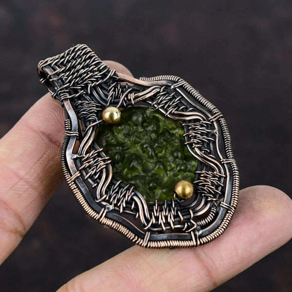 Moldavite Round Green Handmade Copper Wire Wrapped Pendant