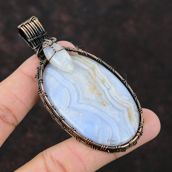 Blue Lace Agate Oval Blue Handmade Copper Wire Wrapped Pendant