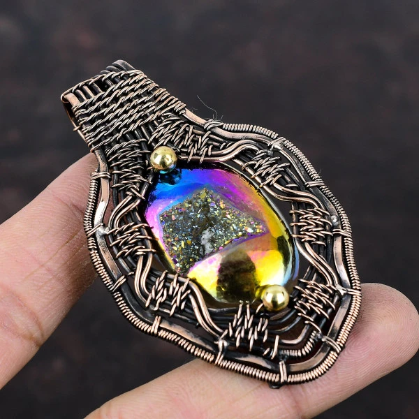 Titanium Druzy Oval Pink Handmade Copper Wire Wrapped Pendant