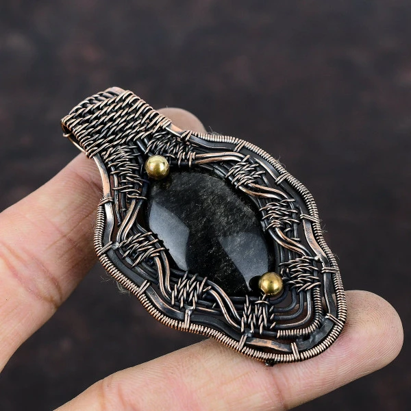 Silver Sheen Obsidian Oval Black Handmade Copper Wire Wrapped Pendant