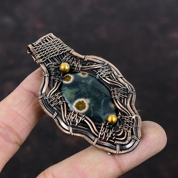 Ocean Jasper Oval Green Handmade Copper Wire Wrapped Pendant