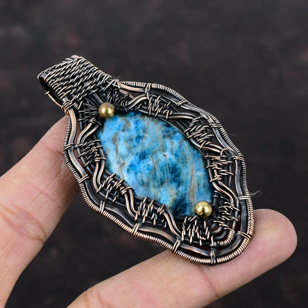 Neon Apatite Oval Blue Handmade Copper Wire Wrapped Pendant