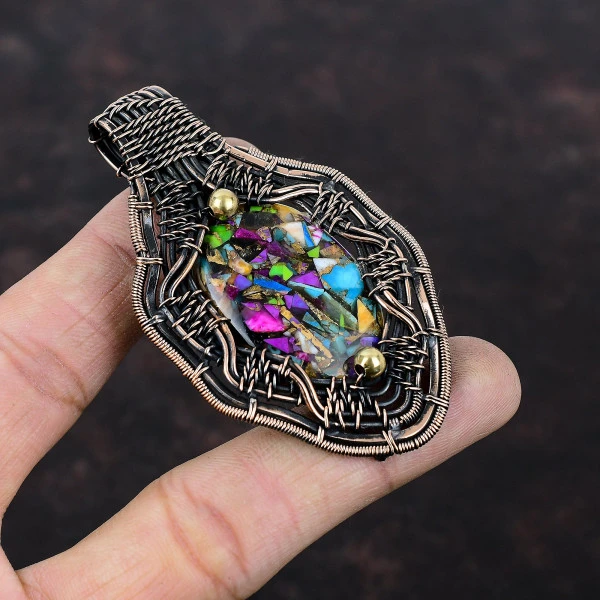 Fiesta Kingman Turquoise Oval Blue Handmade Copper Wire Wrapped Pendant