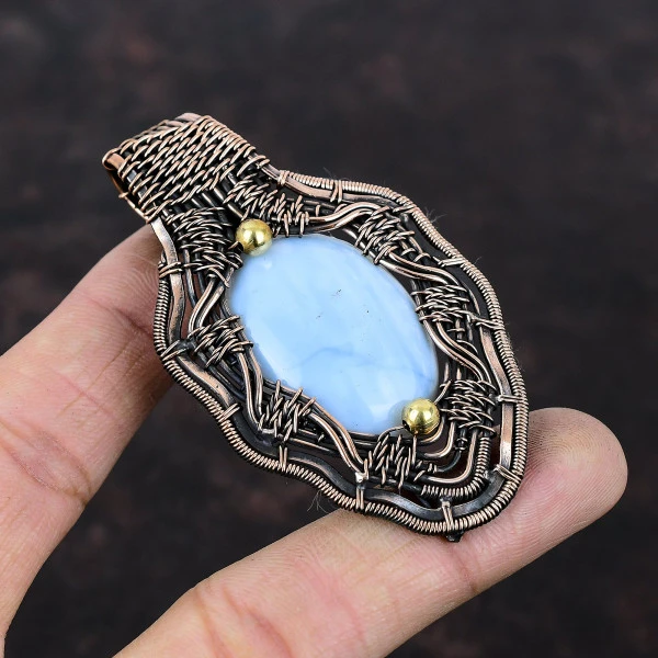 Owyhee Blue Opal Oval Blue Handmade Copper Wire Wrapped Pendant