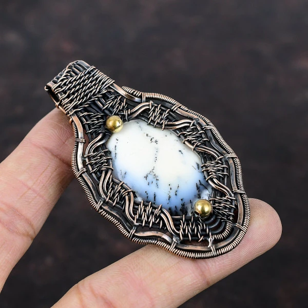 Dendrite Opal Oval White Handmade Copper Wire Wrapped Pendant
