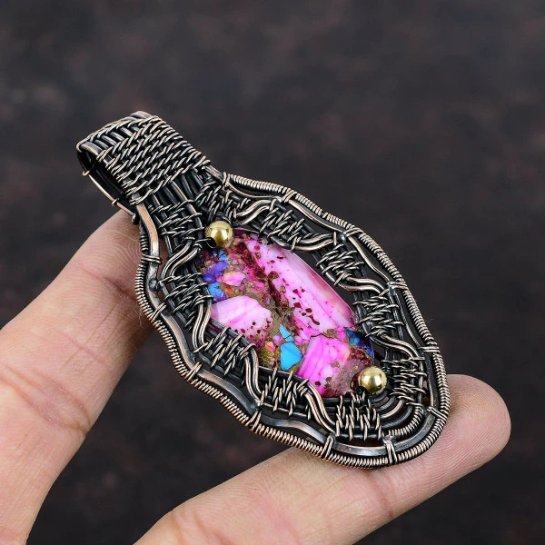 Natural Kingman Pink Dahlia Turquoise Oval Pink Handmade Copper Wire Wrapped Pendant