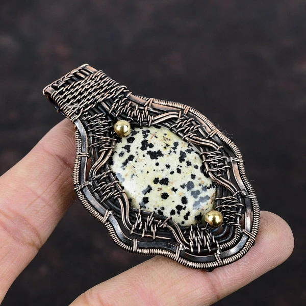 Dalmatian Jasper Oval Black Handmade Copper Wire Wrapped Pendant