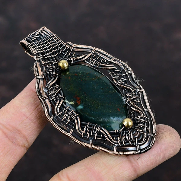 Bloodstone Oval Green Handmade Copper Wire Wrapped Pendant