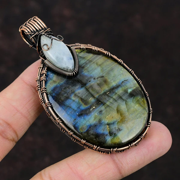 Labradorite Oval Blue Handmade Copper Wire Wrapped Pendant