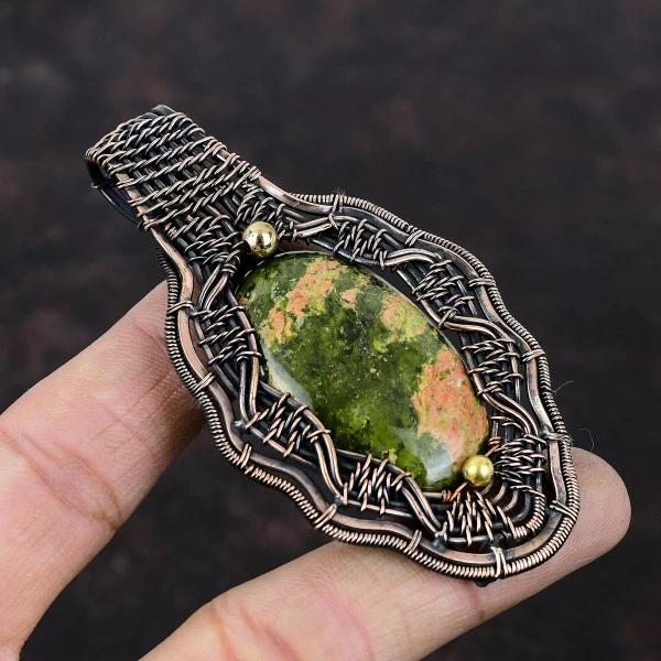 Unakite Oval Green Handmade Copper Wire Wrapped Pendant
