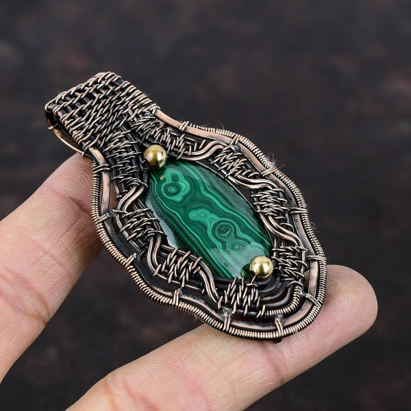 Malachite Oval Green Handmade Copper Wire Wrapped Pendant