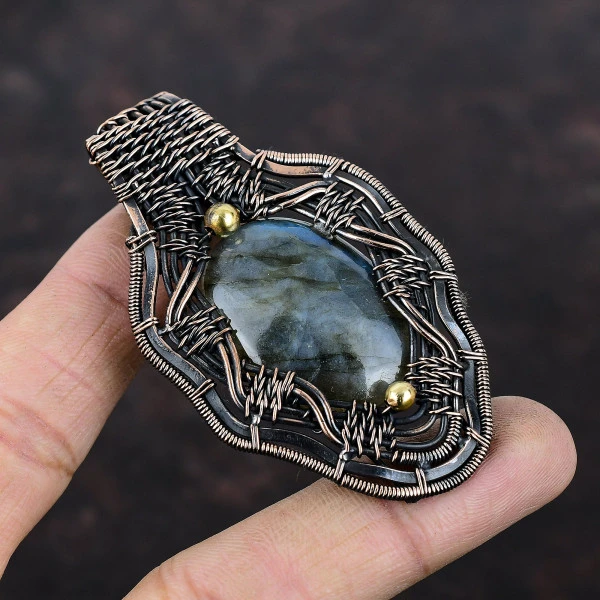 Labradorite Oval Gray Handmade Copper Wire Wrapped Pendant