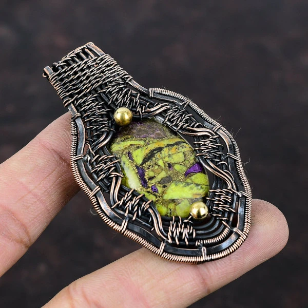 Copper Stichtite Oval Green Handmade Copper Wire Wrapped Pendant