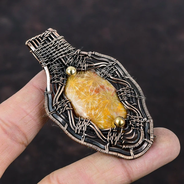 Fossil Coral Oval Yellow Handmade Copper Wire Wrapped Pendant