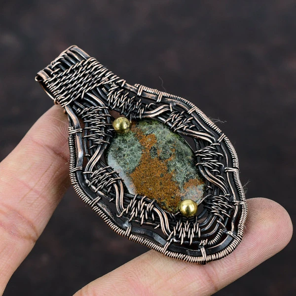 Spessartine Garnet in Limestone Oval Green Handmade Copper Wire Wrapped Pendant