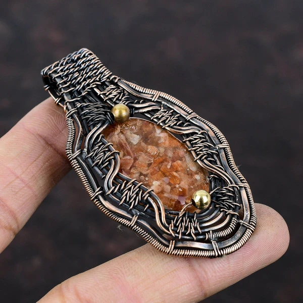Sunstone Oval Orange Handmade Copper Wire Wrapped Pendant
