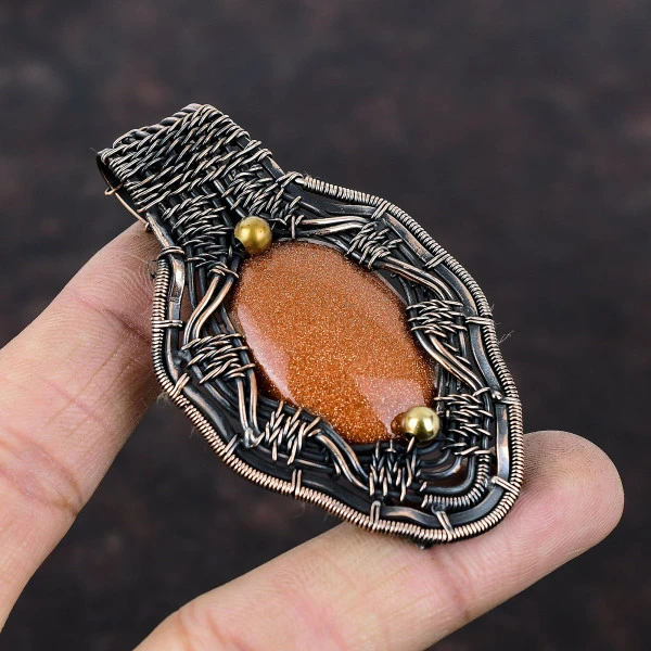 Sun Sitara Oval Orange Handmade Copper Wire Wrapped Pendant