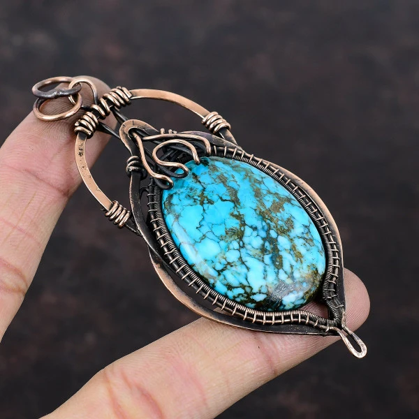 Tibetan Turquoise Oval Blue Handmade Copper Wire Wrapped Pendant
