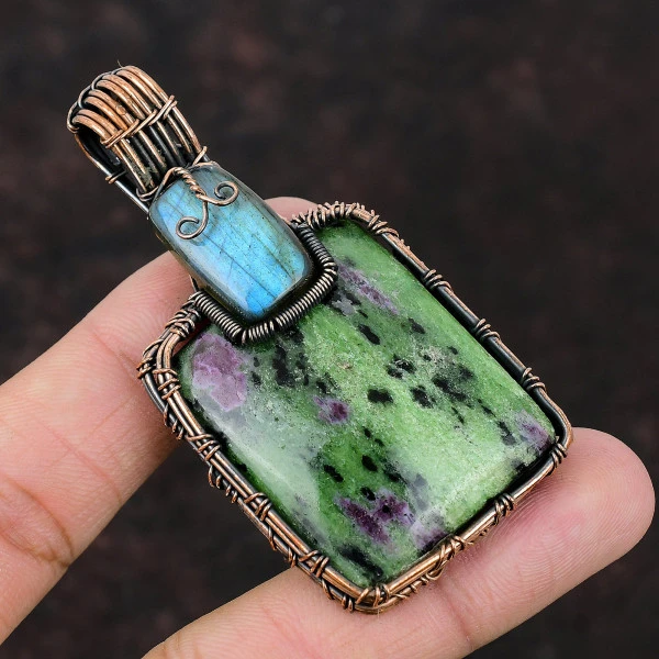 Ruby Zoisite Radiant Green Handmade Copper Wire Wrapped Pendant