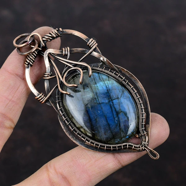 Labradorite Oval Gray Handmade Copper Wire Wrapped Pendant