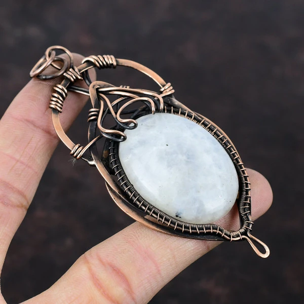 Rainbow Moonstone Oval White Handmade Copper Wire Wrapped Pendant