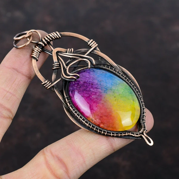 Rainbow Solar Quartz Druzy Oval Yellow Handmade Copper Wire Wrapped Pendant