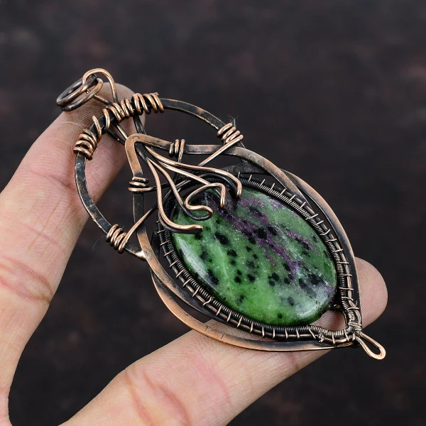 Ruby Zoisite Oval Green Handmade Copper Wire Wrapped Pendant