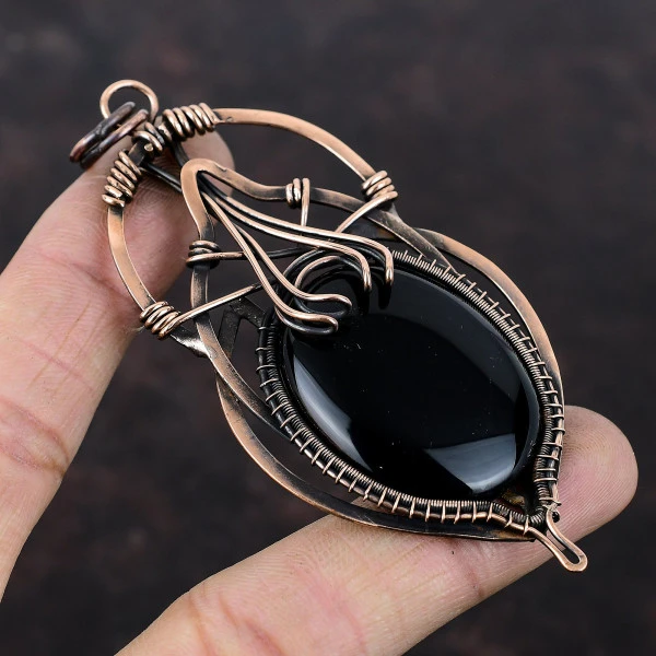 Black Onyx Oval Black Handmade Copper Wire Wrapped Pendant