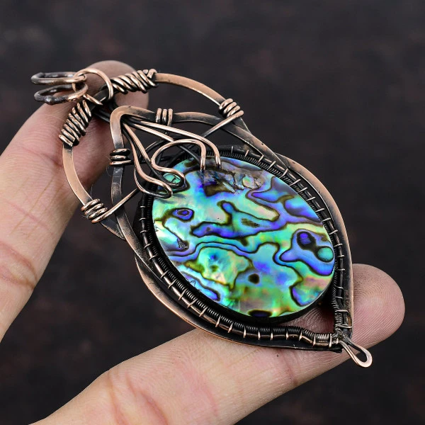 Abalone Shell Oval Green Handmade Copper Wire Wrapped Pendant