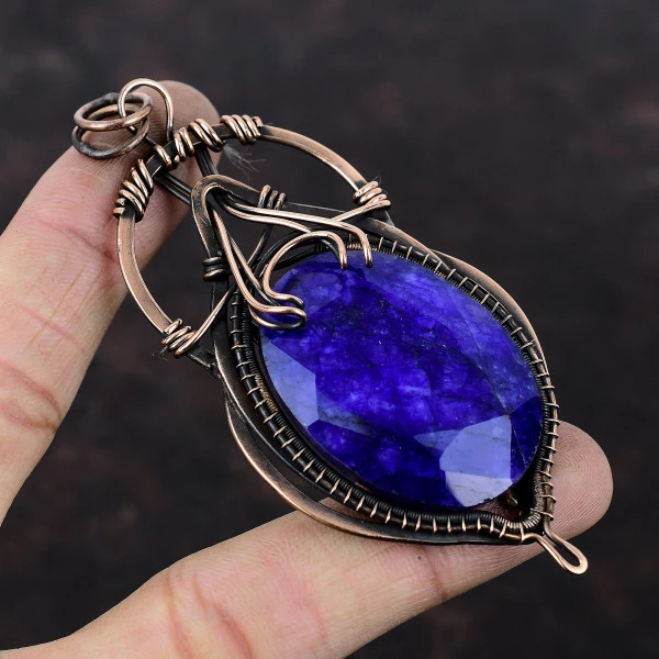 Blue Sapphire Oval Blue Handmade Copper Wire Wrapped Pendant