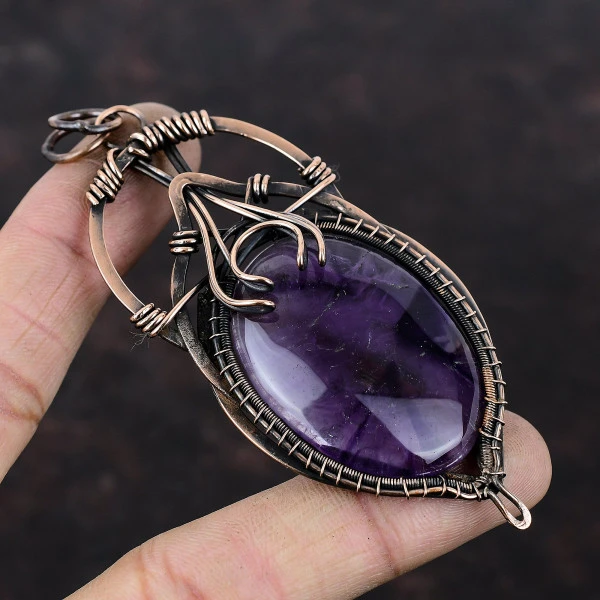 Star Amethyst Oval Purple Handmade Copper Wire Wrapped Pendant