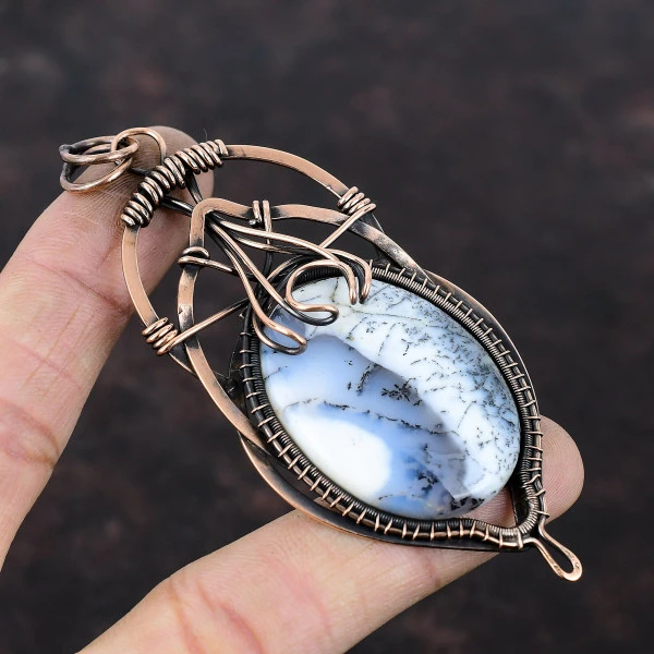 Dendrite Opal Oval White Handmade Copper Wire Wrapped Pendant