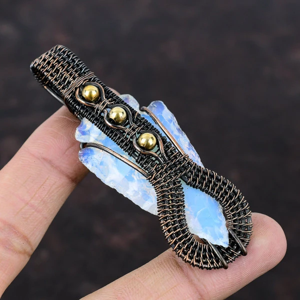 Milky Opal Rough Trillion White Handmade Copper Wire Wrapped Pendant
