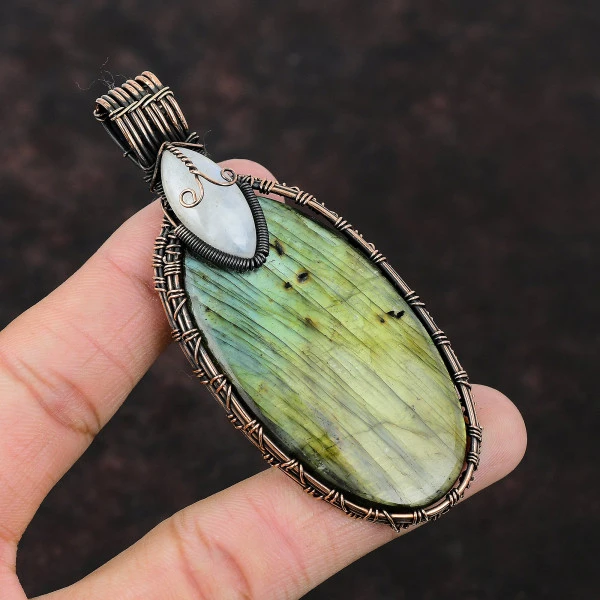 Labradorite Oval Gray Handmade Copper Wire Wrapped Pendant