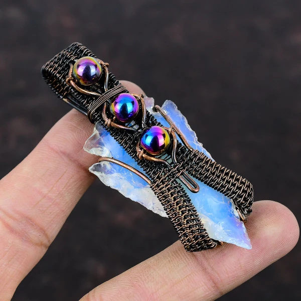 Milky Opal Rough Trillion White Handmade Copper Wire Wrapped Pendant