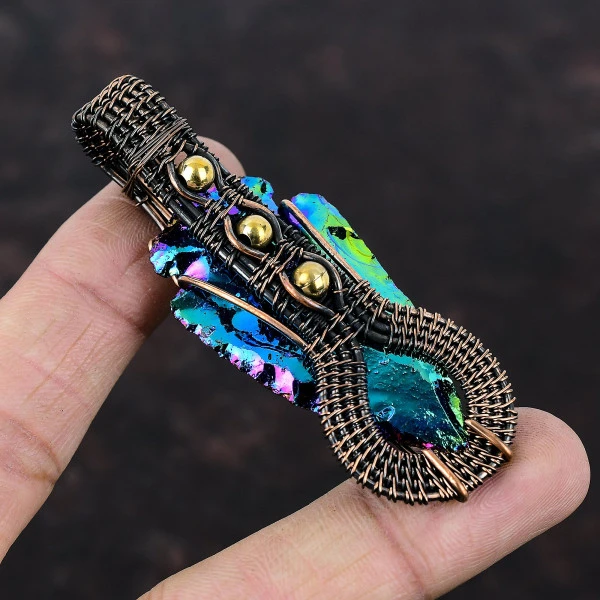 Titanium Druzy Trillion Green Handmade Copper Wire Wrapped Pendant