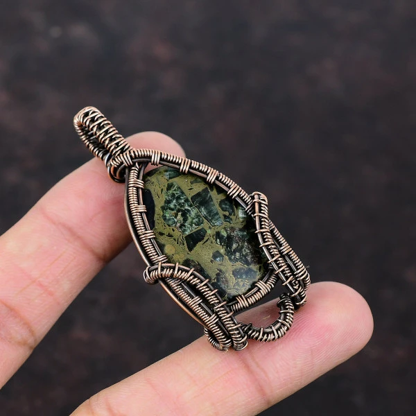 Copper Seraphinite Oval Green Handmade Copper Wire Wrapped Pendant