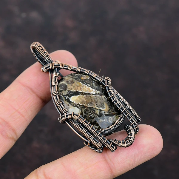 Turritella Agate Oval Brown Handmade Copper Wire Wrapped Pendant