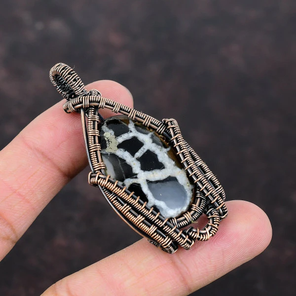 Moroccan Mud Crack Fossil Oval Black Handmade Copper Wire Wrapped Pendant