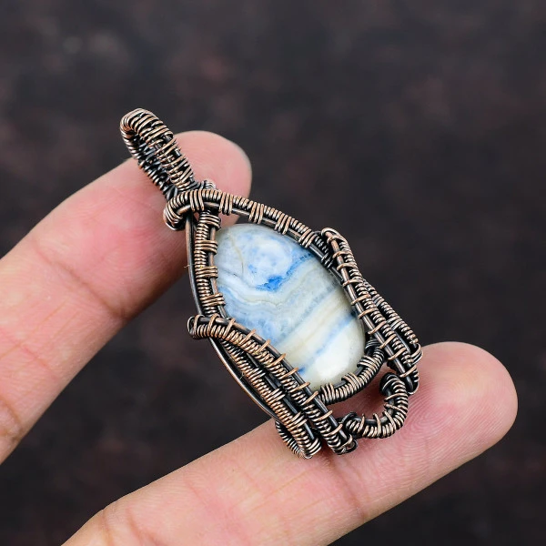 Blue Scheelite Oval Blue Handmade Copper Wire Wrapped Pendant