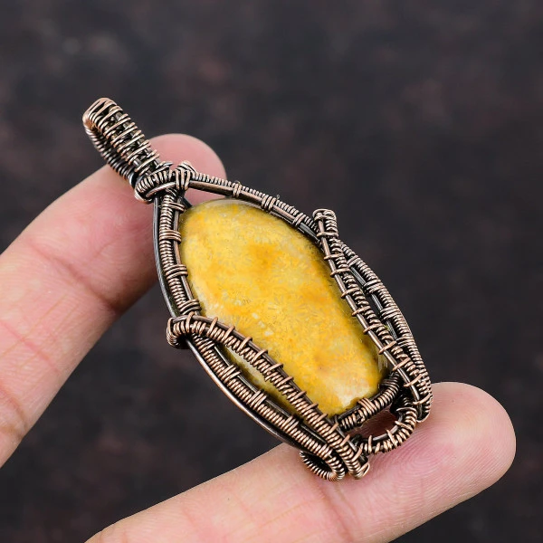 Fossil Coral Oval Yellow Handmade Copper Wire Wrapped Pendant